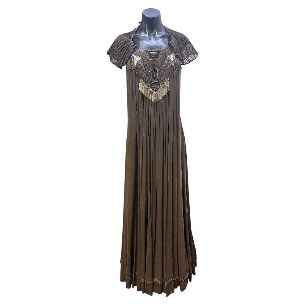BCBG Maxazria Runway Vintage-Inspired Brown Pleated Maxi Dress w/Intricate Cutou